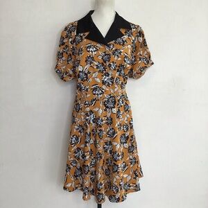 Unique Vintage Women 50’s Orange Black Floral Puff Sleeve Wrap Tie Sundress 18
